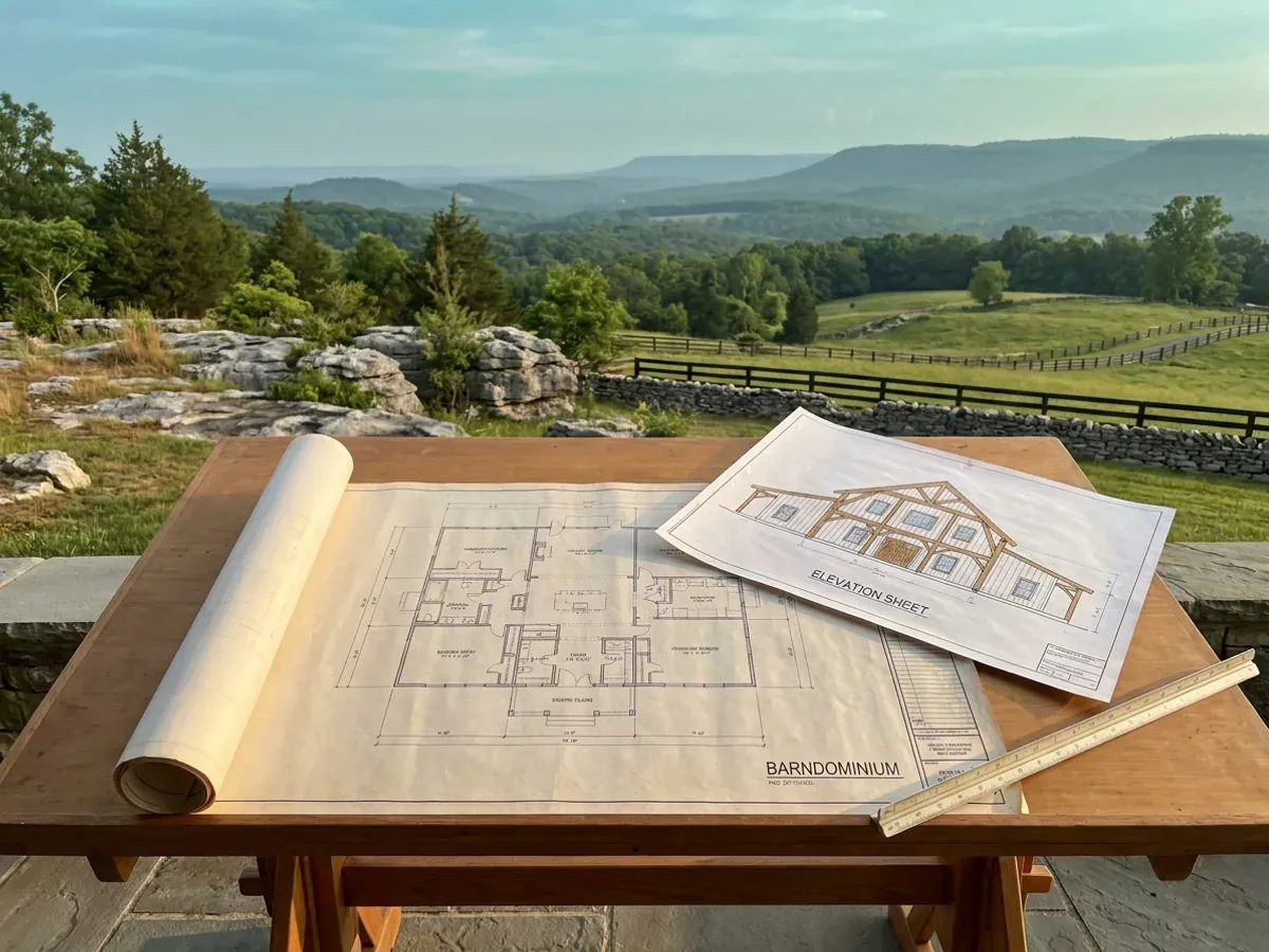Barndominium floor plan and elevation drawings laid out on a drafting table with a scale rule.
