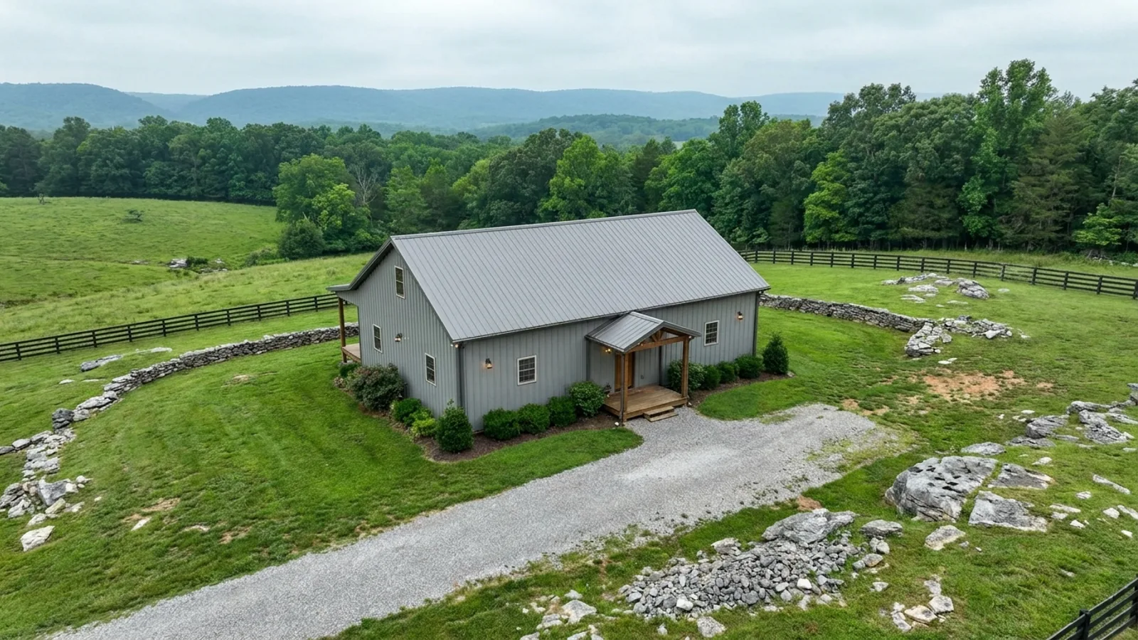 A compact 30x40 barndominium sized like a starter home or cabin, with a covered entry porch and no large shop bay.