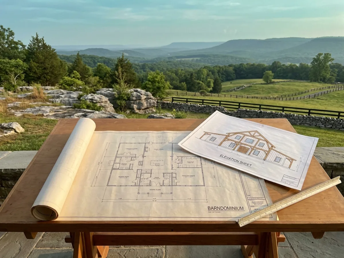 Barndominium floor plan and elevation drawings laid out on a drafting table with a scale rule.