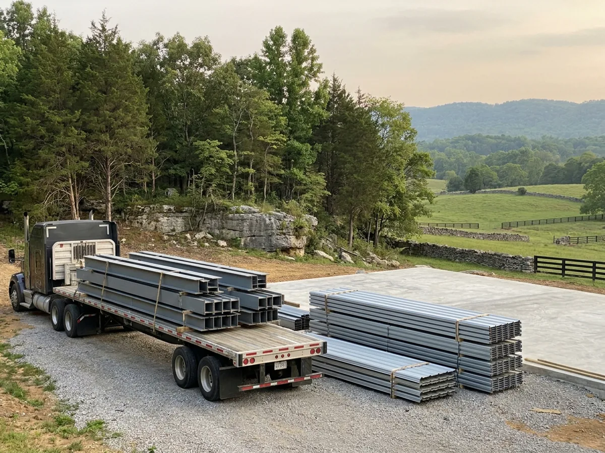 A flatbed truck delivering banded steel frame members and stacked metal roof panels to a building site beside a finished concrete slab.