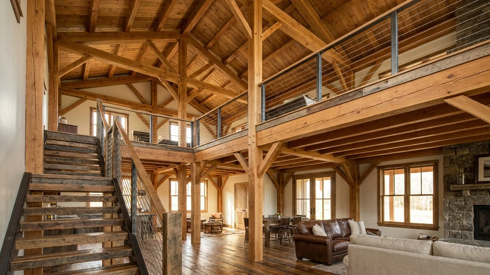 A barndominium great room with an open loft level and railing built over part of the room, reached by an open staircase.