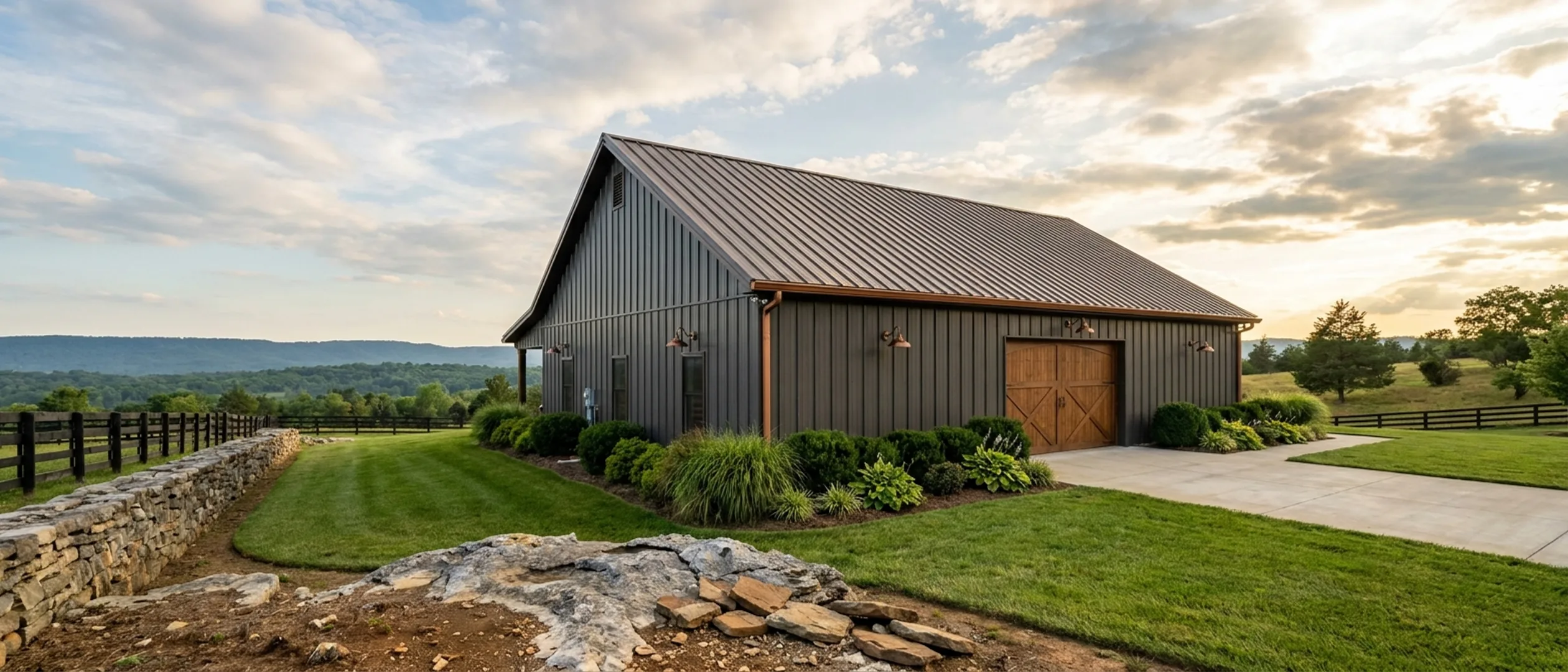 A completed barndominium viewed from a low angle showing its standing seam metal roof, vertical wall panels, gutters and exterior wall lights.