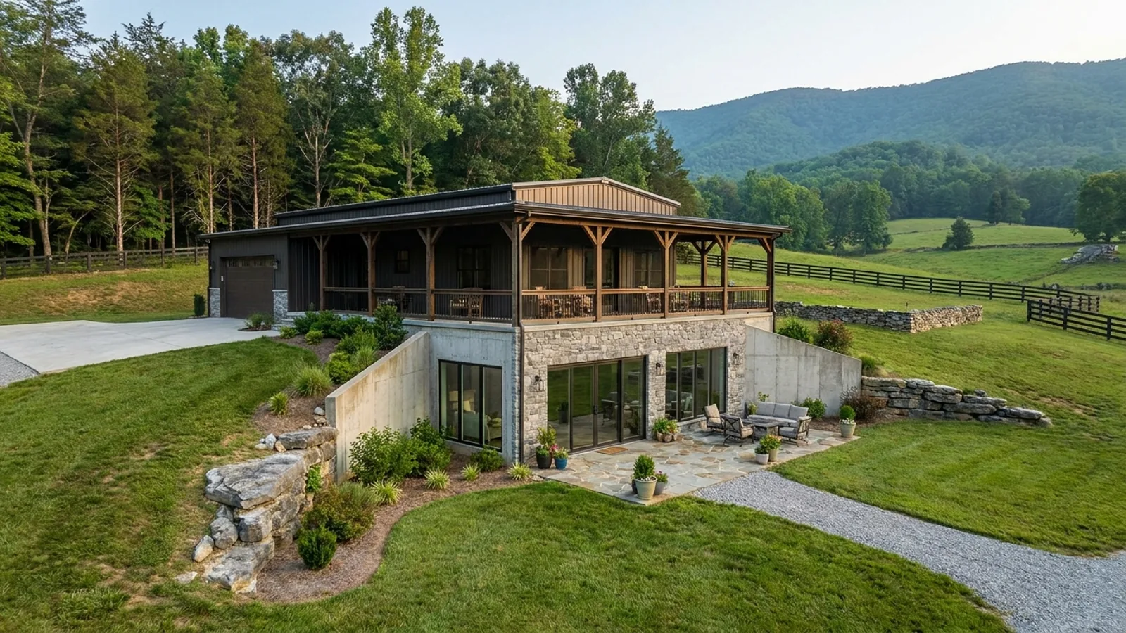 A barndominium with a walkout basement built into a sloping lot, the lower level opening onto a patio at grade.