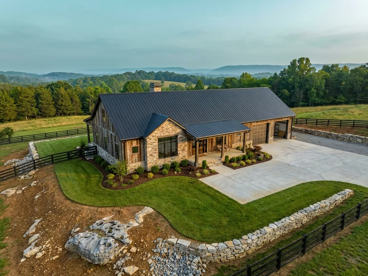 A completed barndominium home viewed from the front corner, with finished landscaping, a covered entry porch and an attached shop bay.