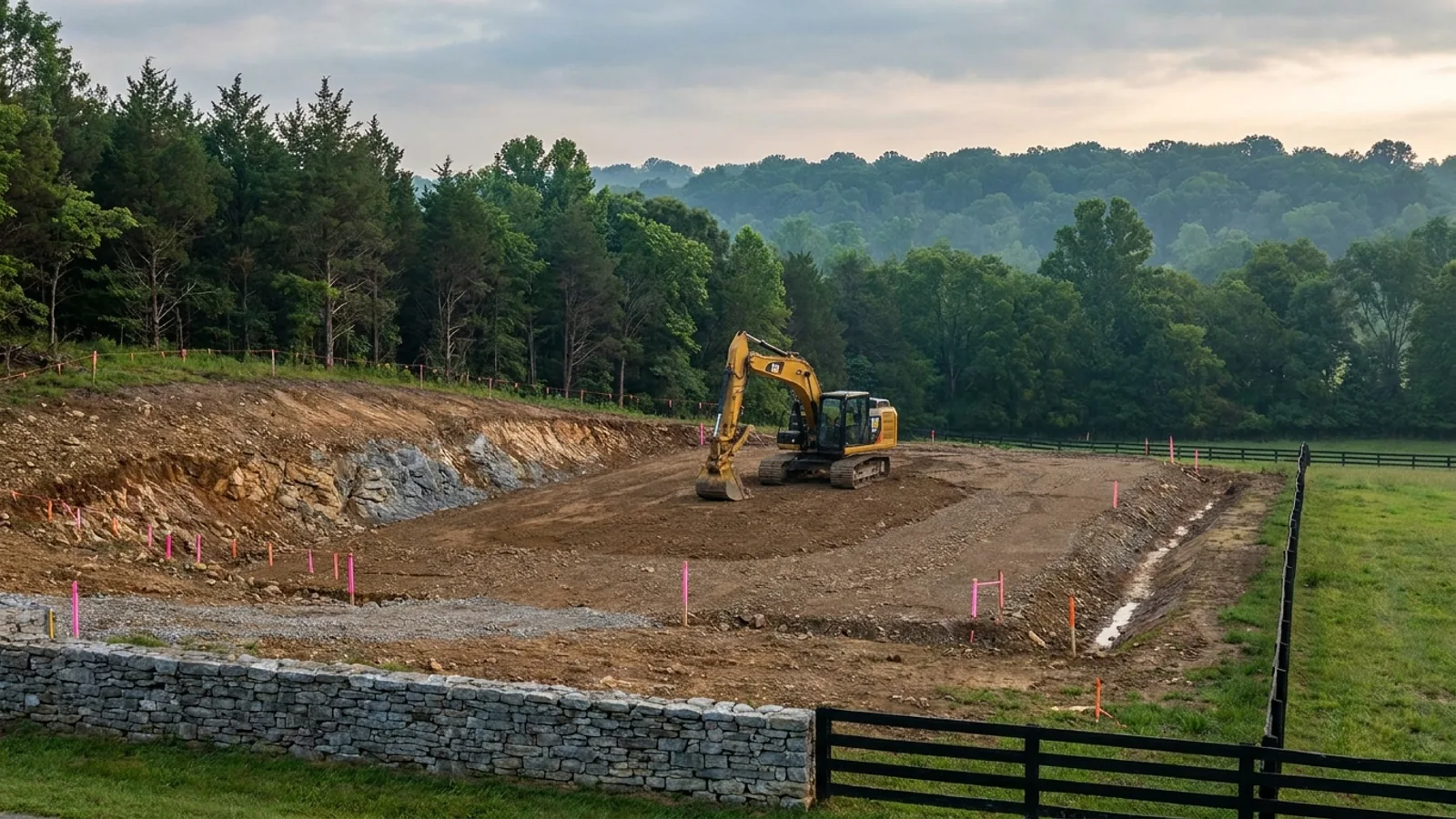 An excavator grading a compacted building pad on a cleared lot, with survey stakes and a drainage swale visible.