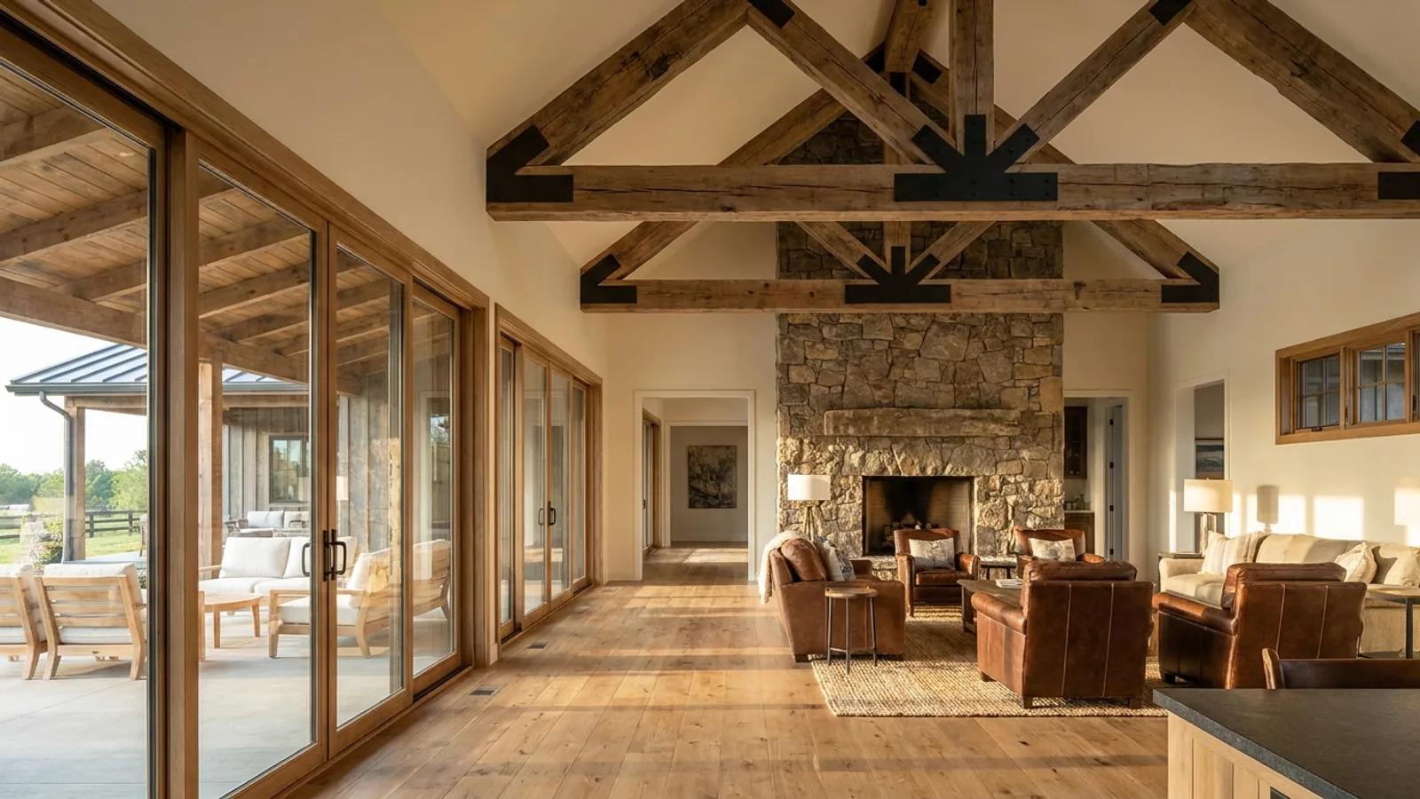 A vaulted barndominium great room with exposed wood trusses, a wall of glazed sliding doors, and a stone-clad fireplace.