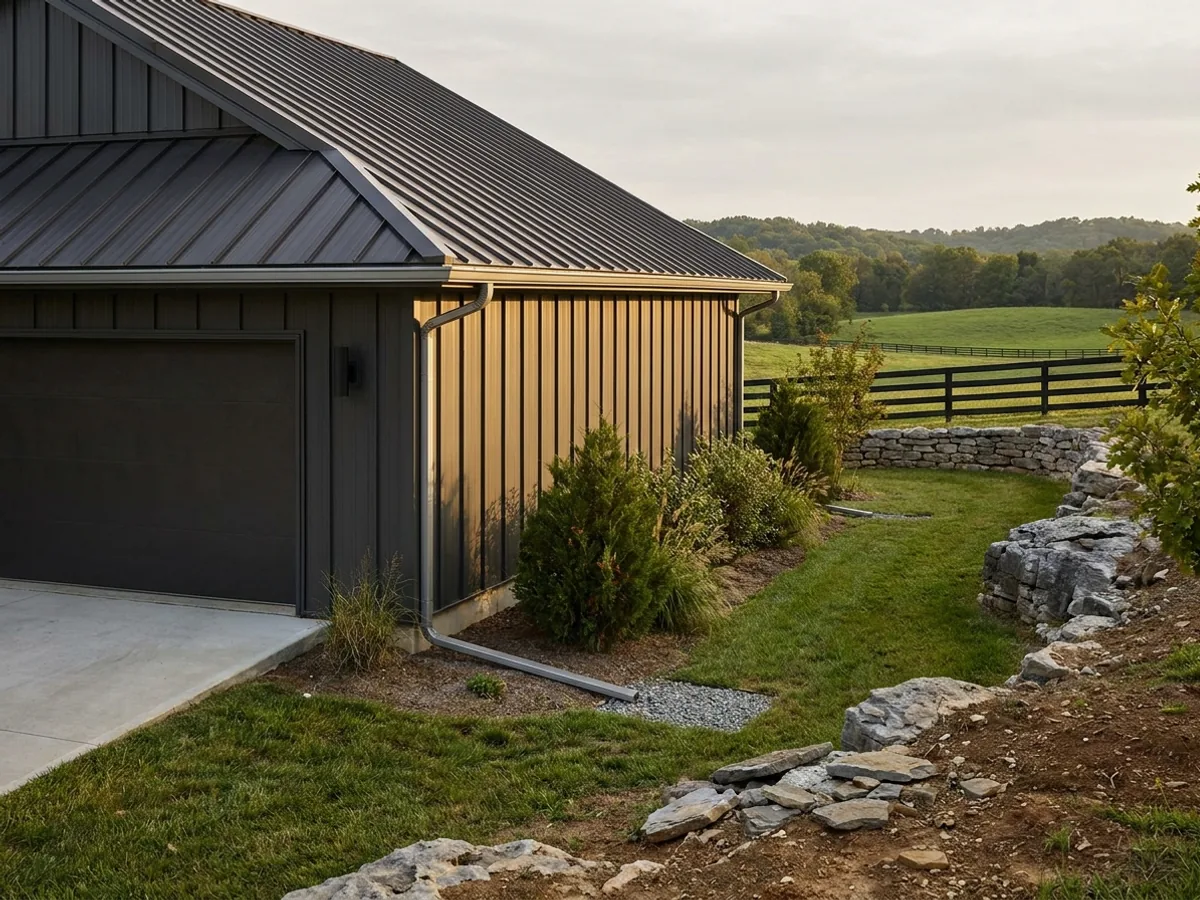 Exterior detail of a metal-clad home showing standing seam roofing, vertical wall panels, and a downspout discharging away from the wall.