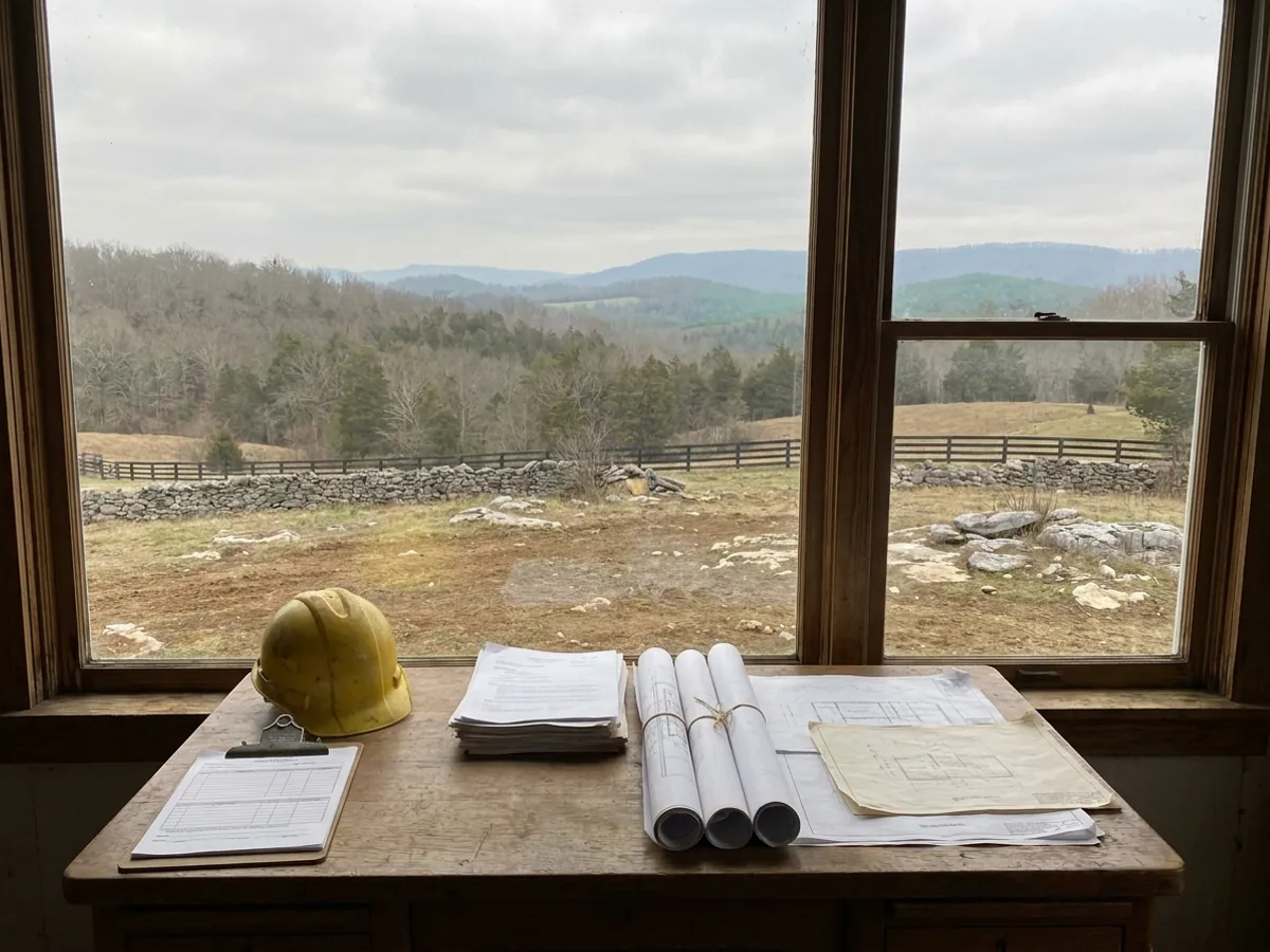 A building permit submittal package on a desk with rolled construction drawings, forms on a clipboard, and a hard hat.