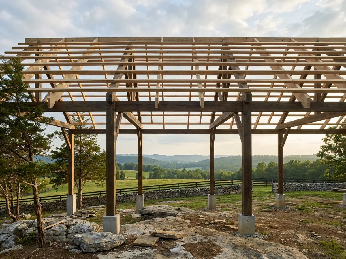 A post-frame home under construction, showing laminated timber columns on concrete piers and wide-span roof trusses with no interior bearing walls.