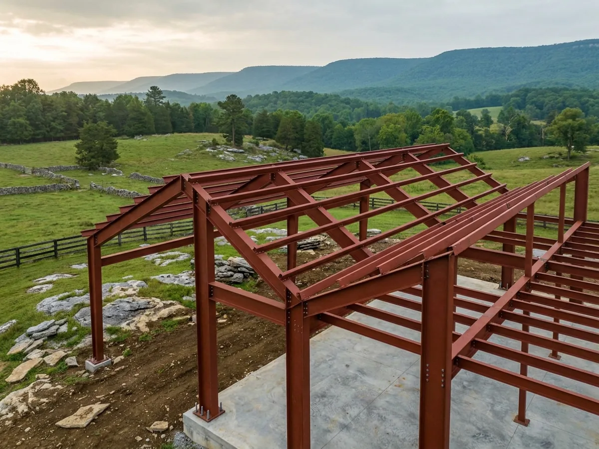 A red oxide primed structural steel frame partly erected on a concrete slab, showing bolted knee joints and anchor bolts.
