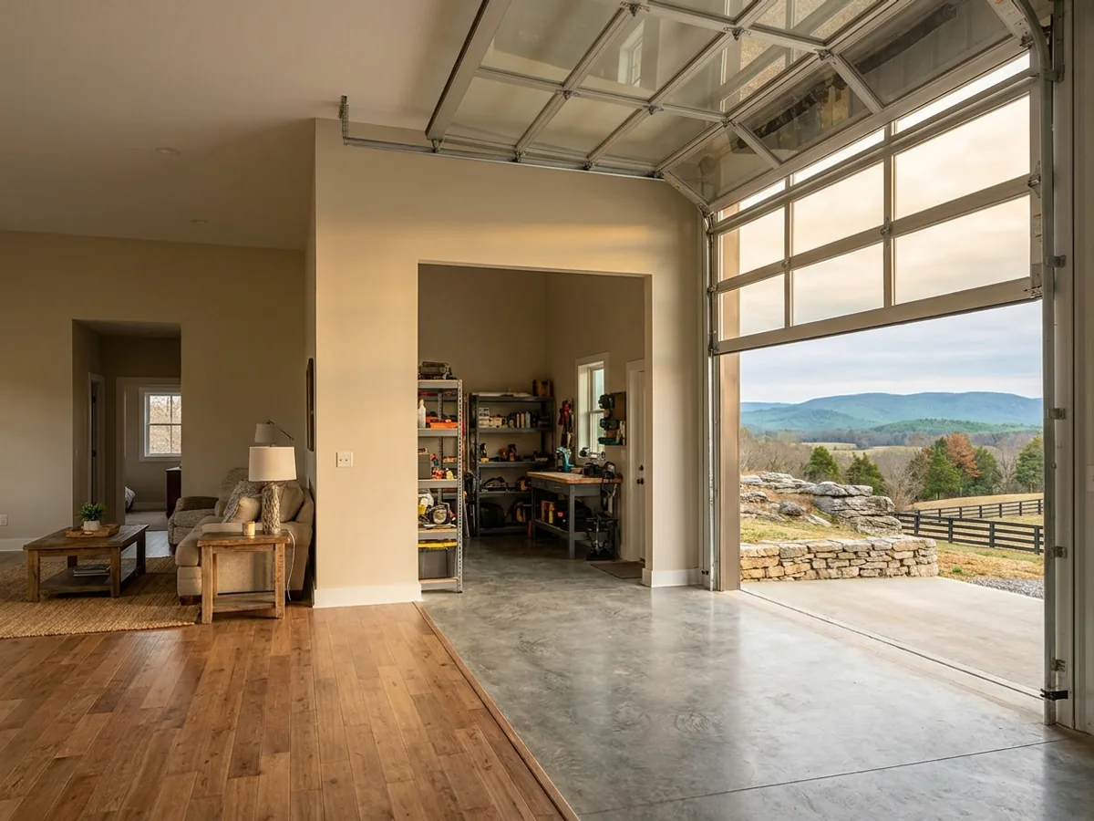 The interior of a shouse where a finished living area with warm flooring meets a shop bay with polished concrete and a tall roll-up door.