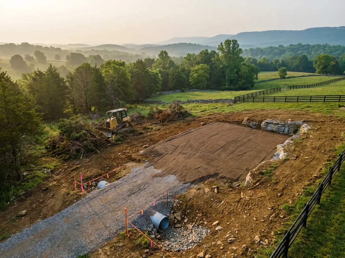 A dozer clearing brush on a rural parcel beside a compacted crushed-stone building pad, with a culvert set at the driveway entrance.