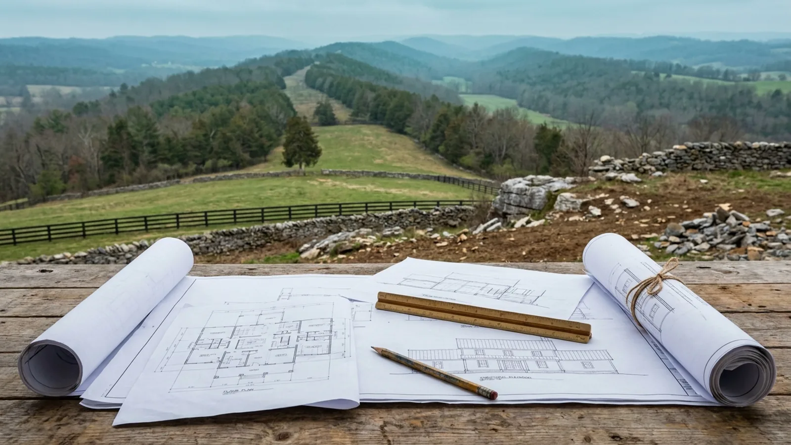 Overhead view of architectural floor plan and structural elevation drawings spread on a workbench with a scale ruler and pencil.